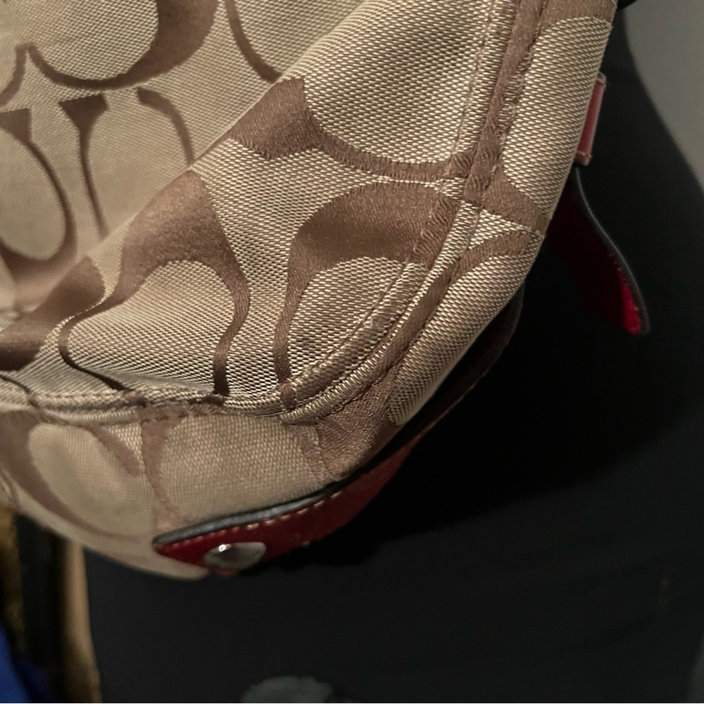 Coach F12674 Zoe Signature C Khaki Jacquard Red Leather Hobo Shoulder Bag - Picture 8 of 16